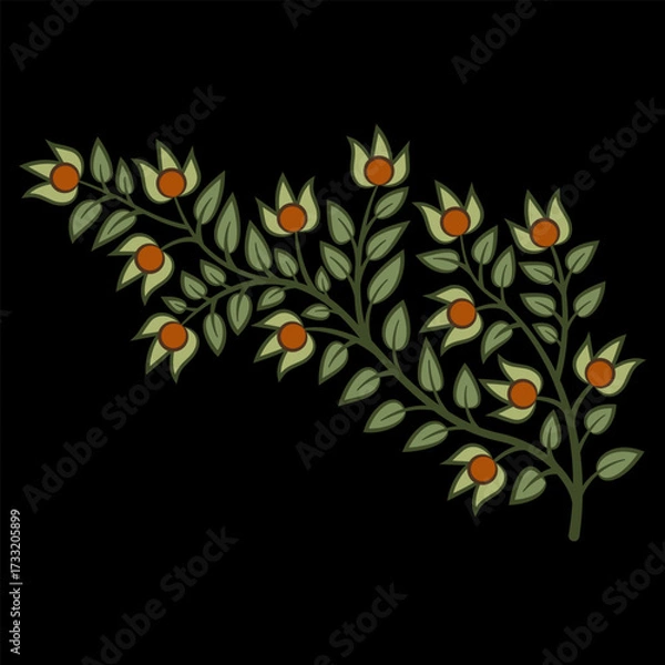 Obraz Stylized branch with leaves and fantastic fruits or berries. Medieval floral design. On black background.