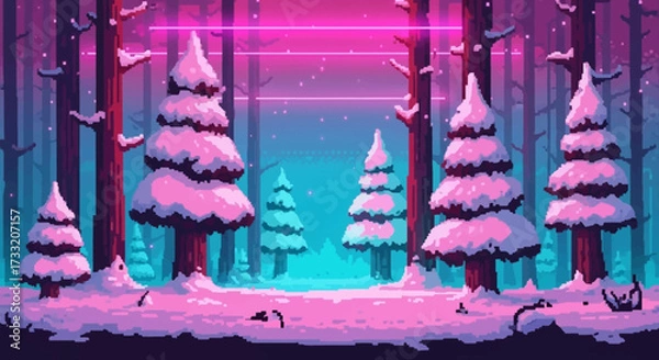 Fototapeta Snow-covered pine trees in a winter forest with neon light.