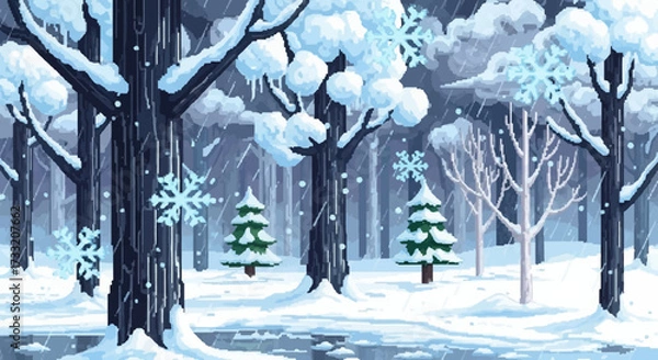 Fototapeta Snow-covered trees and falling snowflakes in a winter forest scene.