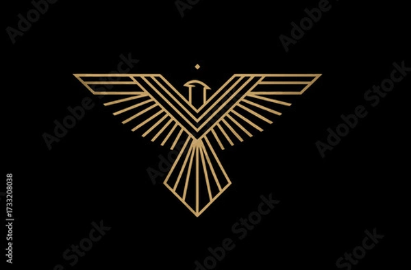 Fototapeta Elegant golden geometric bird emblem, stylized line art design, abstract majestic eagle or phoenix vector illustration in Art Deco style on black.