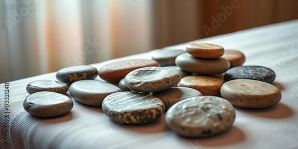 Fototapeta Warm, smooth Himalayan stones on a massage table,  basalt,  holistic