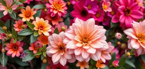 Fototapeta Vibrant floral backdrop, lush blooms in soft focus,  image,  art