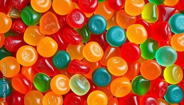 Fototapeta Colorful assorted gummy candies in a geometric arrangement,  sugary texture,  vector illustration