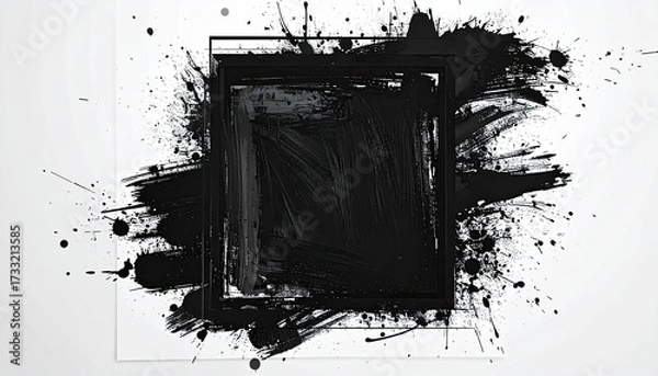 Obraz Black brushstrokes within a square frame, surrounded by splatter on white background