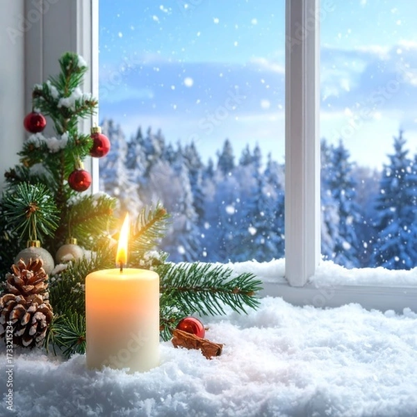 Fototapeta Snowy winter window scene with candle