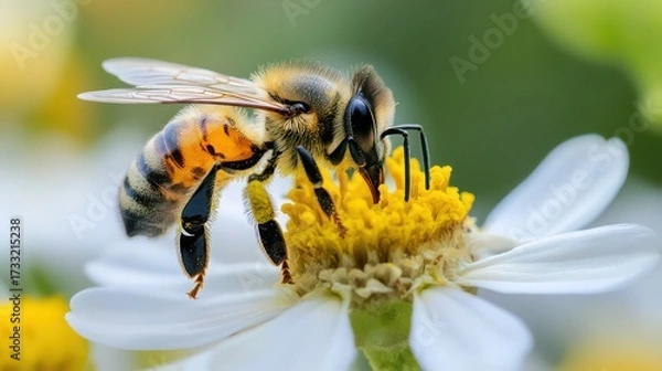 Fototapeta A honeybee gathering pollen from a yellow and white flower in a garden on a bright sunny day