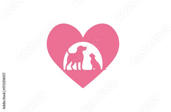 Obraz Pink heart vector illustration with dog and cat silhouettes, symbolizing pet love, animal care, adoption, and veterinary services.