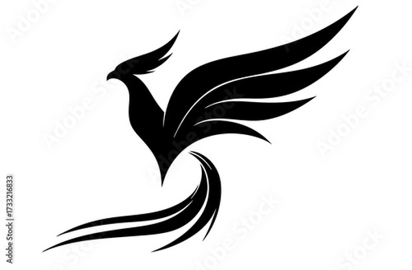 Obraz Majestic black phoenix silhouette flying, mythical bird of rebirth and power, elegant fantasy creature icon or logo element on white.