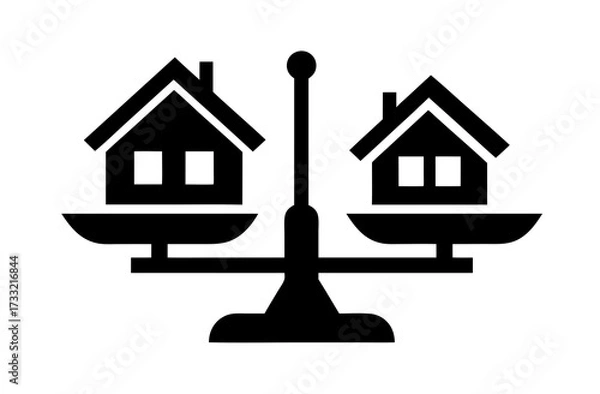 Obraz Real estate property value comparison icon, houses on scale. Housing market investment decision, mortgage, home finance concept.