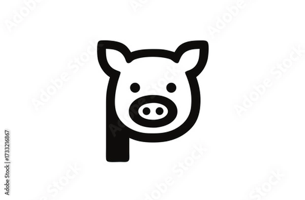 Obraz Cute minimalist pig head icon with stylized letter P element, simple black outline on white, farm animal symbol.