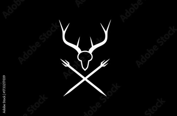 Obraz White deer skull with antlers and crossed pitchforks on black background, minimalist, symbolic, hunting emblem or wilderness crest