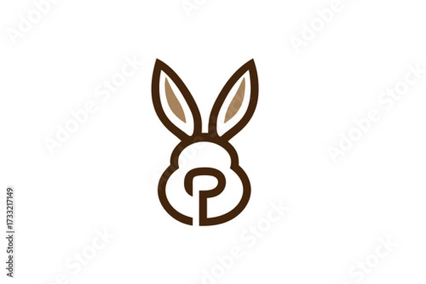 Obraz Minimalist brown rabbit head logo design with integrated letter P, simple line art bunny icon for modern branding concept