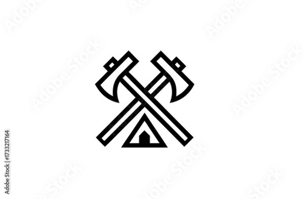 Obraz Minimalist crossed axes and tent line art icon, symbolizing outdoor adventure, camping, wilderness, survival, and exploration.