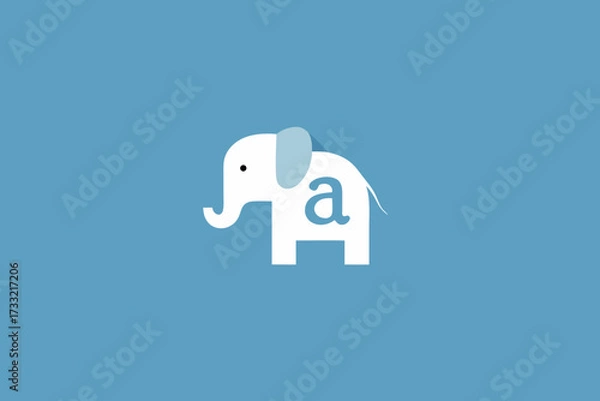Obraz Cute white elephant illustration with a lowercase 'a' letter inside on a blue background. Simple flat design graphic for education and children.