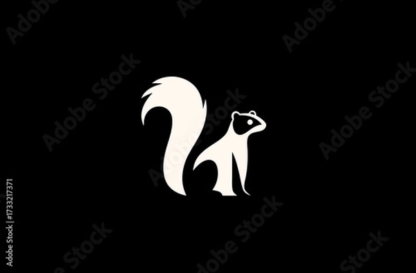 Obraz Minimalist black and white vector illustration of a cute stylized animal with a bushy tail, sitting isolated on a dark background.
