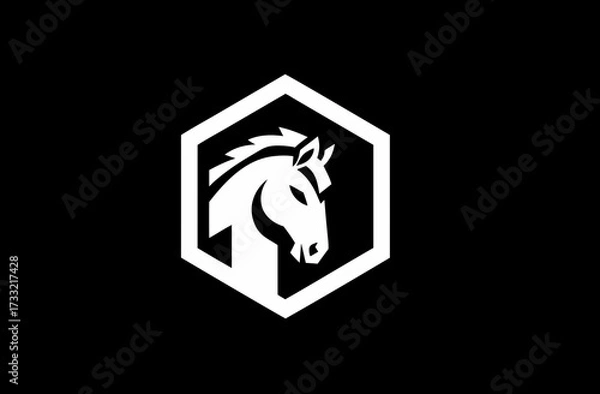 Obraz Strong white horse head icon within a modern hexagon shape on a dark black background, minimalist vector design, equestrian symbol.