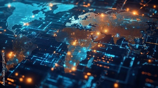 Fototapeta A digital world map with glowing connections and circuit board patterns in shades of blue and orange