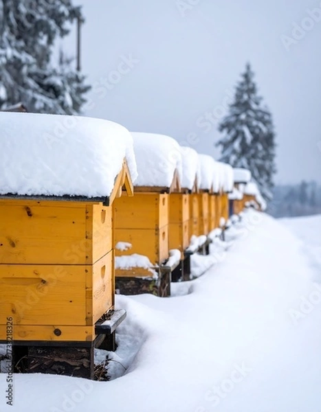 Fototapeta Snowy yellow beehives in a row