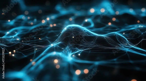 Fototapeta Abstract blue network with glowing nodes and flowing lines in a dark environment concept art