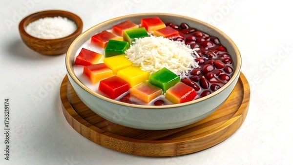 Fototapeta Colorful jelly cubes dessert with milk and red beans in bowl
