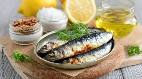 Fototapeta A tin of sardines with lemon, salt, and herbs on a wooden board.