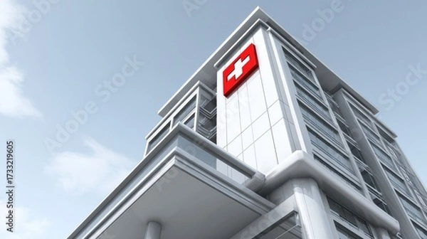 Fototapeta A modern, high-rise building with a red cross on top, set against a clear blue sky.