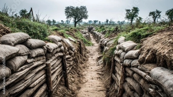 Fototapeta A dirt path through a trench with sandbags on either side, leading to a distant horizon with trees and a cloudy sky.