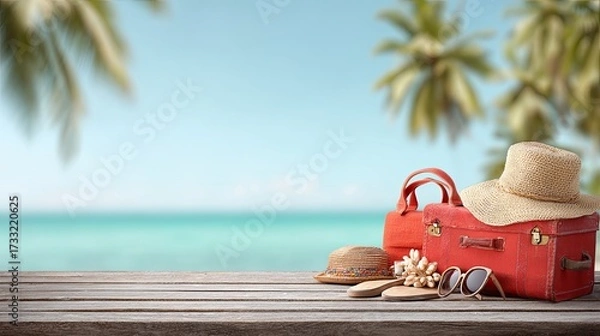 Fototapeta A red suitcase and hat on a wooden table with a tropical beach background.