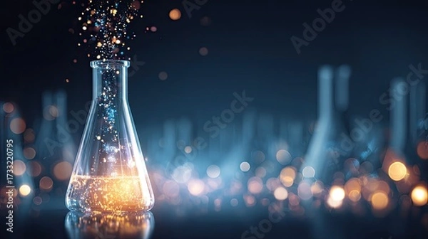 Fototapeta A beaker with a liquid and sparkles, set against a dark background with blurred lights.