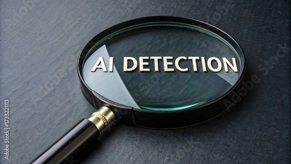 Fototapeta Magnifying glass showing ai detection text on dark background
