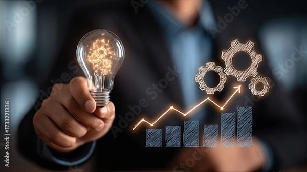 Fototapeta A man in a suit holding a light bulb with gears inside.