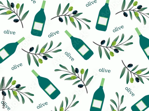 Fototapeta オリーブとオリーブオイルのボトルの背景、壁紙