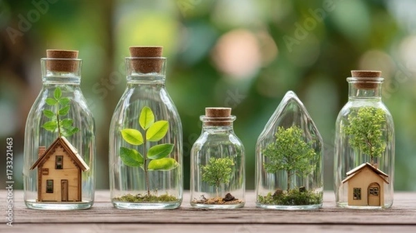 Fototapeta Glass bottles with plants and miniature houses inside, standing on a wooden surface with greenery in the background.