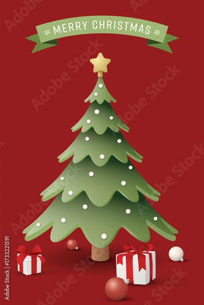 Fototapeta 3D cute decorated Christmas tree and gift boxes with Merry Christmas calligraphy in green ribbon on vertical background graphic illustration.