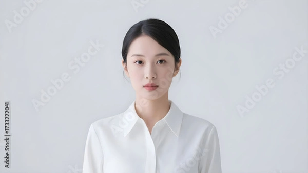 Obraz Serene Asian woman in white collared shirt against a minimalist backdrop offering purity and poise