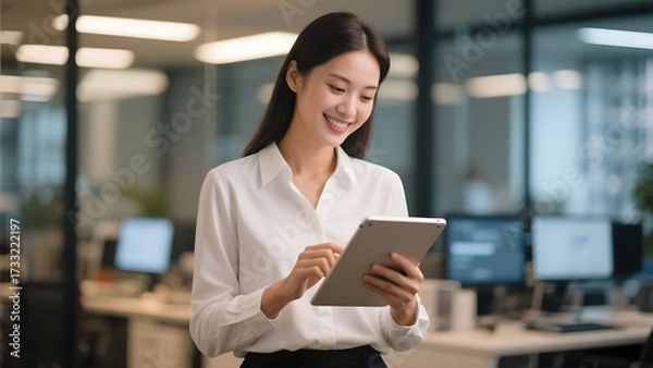 Fototapeta Asian professional woman using a tablet with smile in modern open office environment