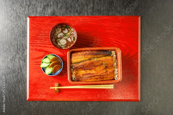 Obraz うなぎ　Eel and rice in a lacquered box