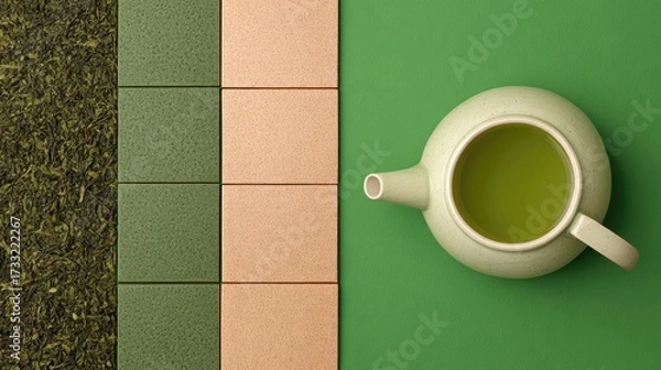Fototapeta A green and pink teapot with a green tea leaf on a green background.
