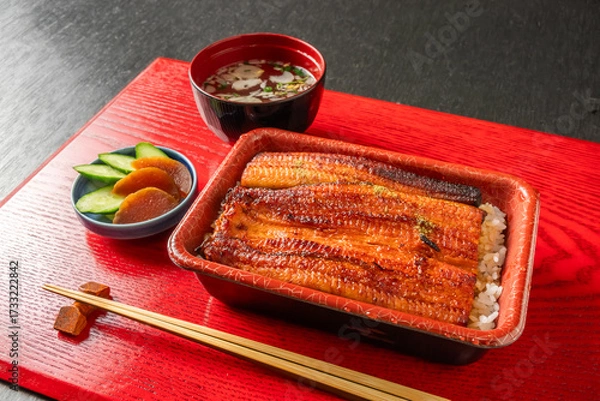 Obraz うなぎ　Eel and rice in a lacquered box