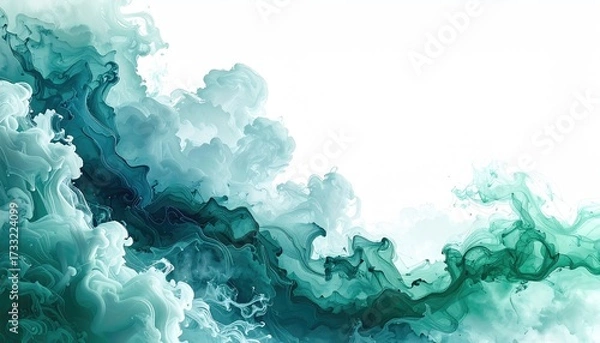 Fototapeta Abstract composition of swirling teal and blue inks with white background