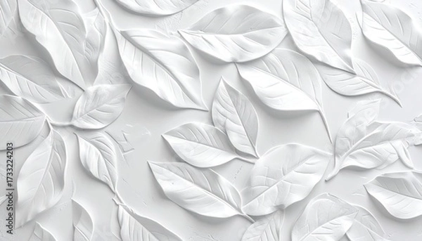 Fototapeta All-white raised relief of various leaves, creating a textured botanical design