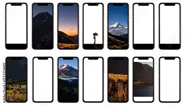 Fototapeta Grid of smartphones with varying nature background images and blank screens