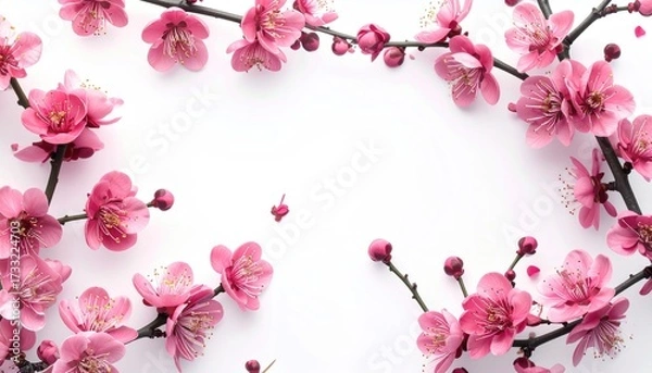 Fototapeta Pink flowers on branches frame a blank white space, with petals scattered