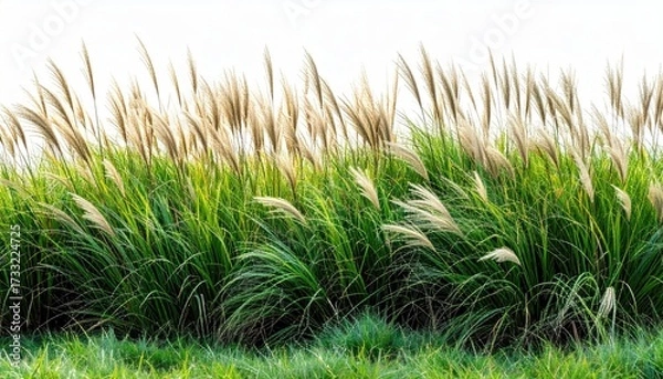 Fototapeta Green grasses with feathery seed heads blowing in the wind against a white sky