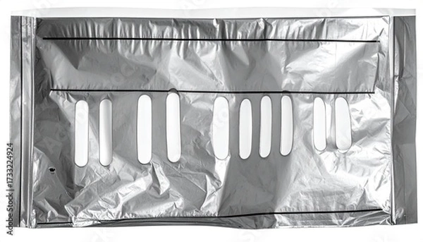 Fototapeta Rectangular, silver-colored bag with a series of oval cutouts; the item is crumpled
