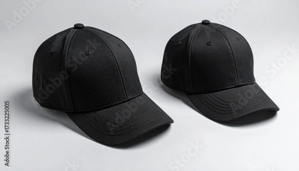Fototapeta Two identical black baseball caps displayed on a white surface