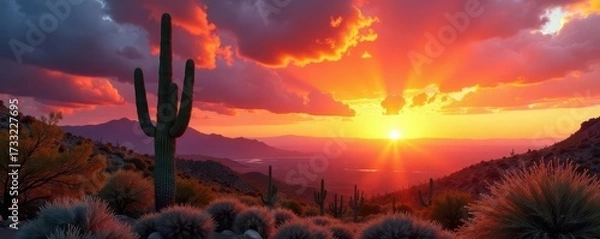 Obraz Crimson clouds clash with golden sun, majestic saguaro cacti stand tall , wild, royalty free, orange