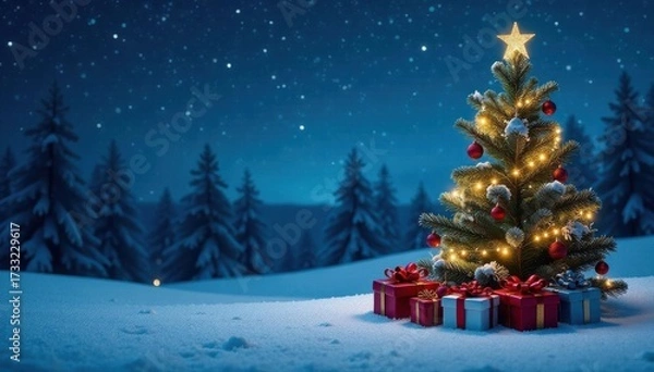 Obraz Glimmering snow, ornate tree, wrapped gifts beneath starry sky , serene, season, night