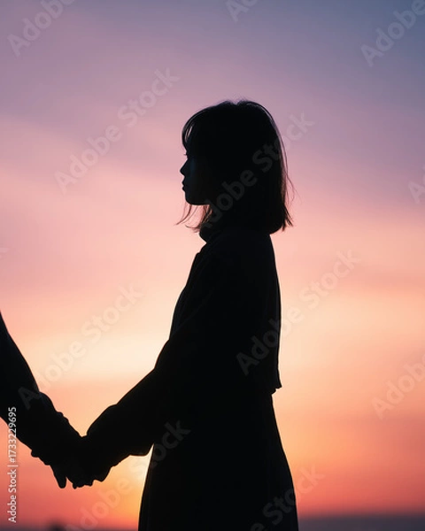 Fototapeta 夕陽に照らされたシルエットの若いアジア人のカップル