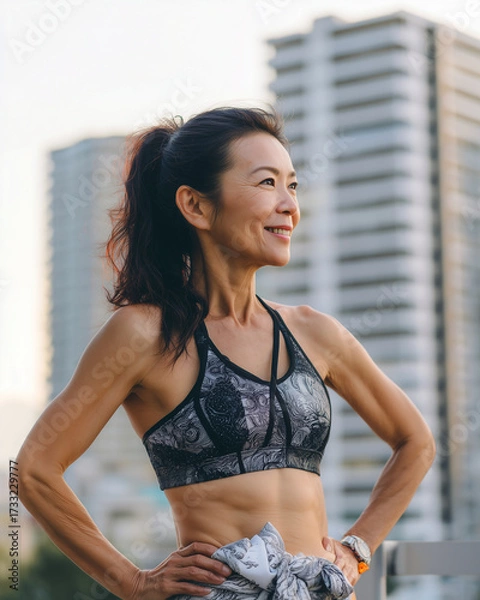 Fototapeta 運動をする健康的なアジア人の中年女性